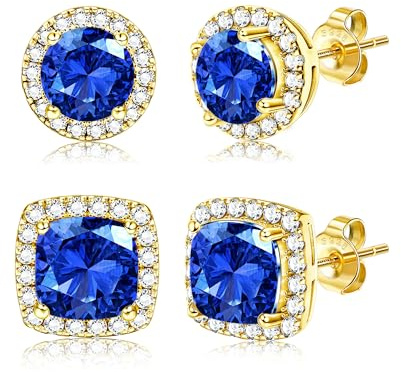 Dochais 2 Pares Pendientes Plata de ley 925 para Hombre Mujer Pendientes Diamante Zirconia Brillante Redondos Cuadrados Oro 14K Pendiente Hipoalergénicos Grandes para Hombres Mujeres Unisex Oro Azul