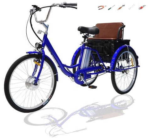 HVEMSHXH 24-Zoll-Elektrodreirad für Erwachsene Elektrisches Dreirad mit Gepäckträger Für Frauen und Senioren E-Bike mit Gepäckkorb 36V 13Ah Lithium-Ionen-Akku Ideal für Ausflüge, Einkäufe (Blue)