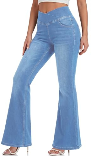 LaiEr Jeans da Donna a Zampa, Vita Alta con Incrocio a V,Pantaloni Yoga Slim Casual.Pull on Pantaloni in Denim Morbido ad Alta Elasticità con Bootcut Jeans con Effetto Baffi di Gatto