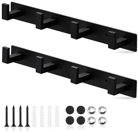 GWBPES 2 Pack Black Coat Hooks, 4 Hooks Door Hook Wall Mounted Self Adhesive and Screw Coat Key Rack Heavy Duty Towel Hook Key Holder for Wall for Coats Bags Bedroom Living Room