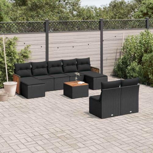 GeenYuu 10-TLG. Garten-Sofagarnitur mit Kissen Schwarz Poly Rattan, wetterfestes Lounge-Set mit Akazienholz Tisch, modulare Sitzgruppe für Terrasse Balkon und Garten