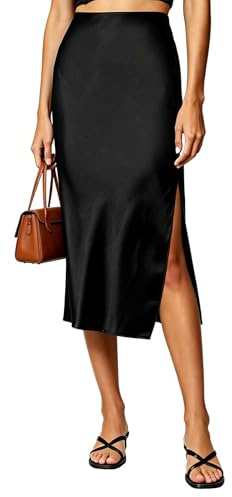 KUOIASY Satin Midi Skirt, Elegant High Waist Black Satin Skirt with Side Slit Long A-Line Silky Bias Cut Satin Skirts for Women UK for Party, Work, Casual Wear (UK, Alpha, L, Regular, Regular, Black)