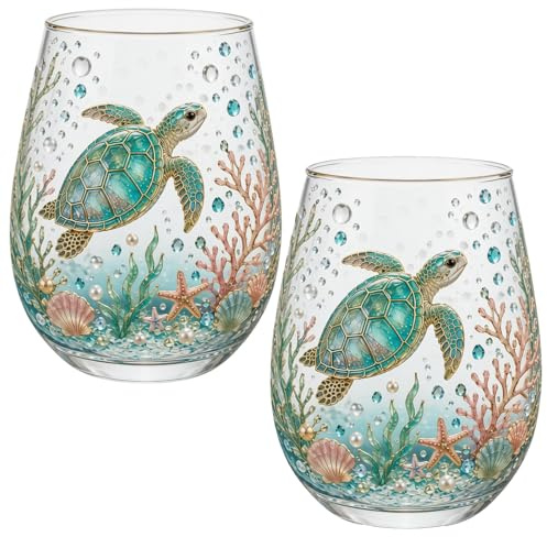Glass Tumbler with 3D Sea Turtle and Coral Design, Gold Rimmed, Hand-Painted, Ocean-Themed, Nature Art Decorative Tea Cup Gifts for Women (2, Multicolor)