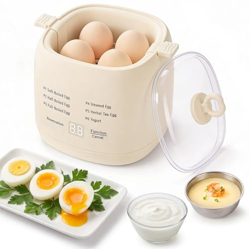 Mini Electric Egg Cooker 6-in-1 with Auto Shut Off & Beep Alarm, Temp Control for Hard/Soft Boiled, Onsen Tamago, Yogurt Maker, BPA-Free Stainless Steel, Compact Egg Steamer for Home