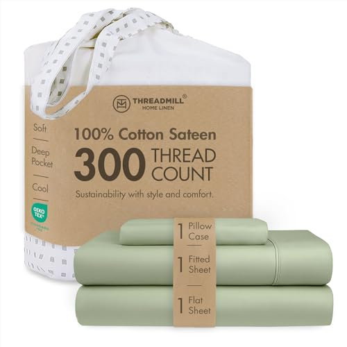 Threadmill Juego de sábanas de algodón tamaño Individual, sábanas 100% algodón para Cama Individual, Juego de sábanas de satén Individual con Bolsillo Profundo de 40,6 cm, Juego de sábanas