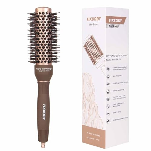 FIXBODY Round Barrel Anti-Static Hair Brush with Boar Bristles, Nano Thermal Ceramic Coating & Ionic Tech for Hair Drying, Styling, Curling, Straightening (2.5 Inch (Barrel 1.3 Inch))