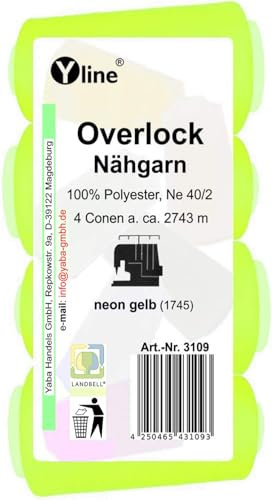 4 Stück Spulen Overlock - Nähgarn, neon gelb, a. 2743 m, NE 40/2, 100% Polyester, Nähfaden, Nähmaschinen Garn, (0,01 € / 10 m), 3109