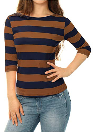 Allegra K Women's Striped Shirt Elbow Sleeve Slim Fit Casual Boat Neck Top | Striped Shirts, Elbow Sleeve, Slim Fit, Boat Neck, Casual Top, Color Block,Tee Shirt, Spring Fall