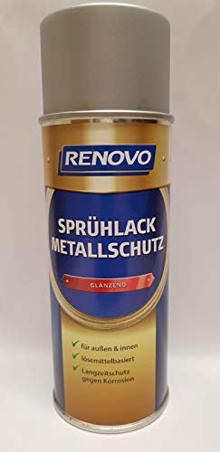 RENOVO Metallschutzlack Silber, Glänzend, für Innen + Außen, Lösemittelbasiert, Grundierung + Decklack in einem, 400 ml