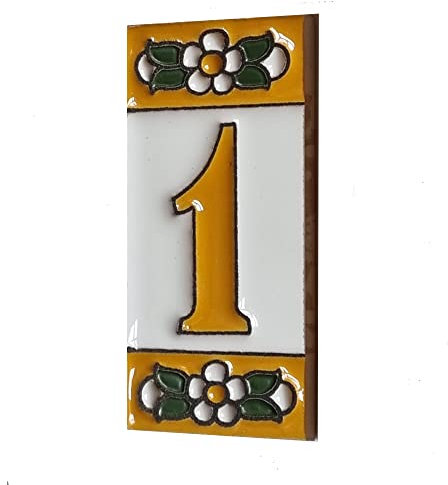 Carreau de maison en céramique avec numéros et panneaux - Motif floral ocre - Dimensions : 7,5 x 3,5 cm - 2 à 10 cadres (1)