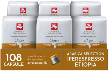illy, Capsule Iperespresso Arabica Selection Etiopia, 108 Capsule | 100% Arabica con Note di Gelsomino, Fiori d'Arancio e Camomilla, Gusto Delicato, 6 Confezioni da 18 Capsule