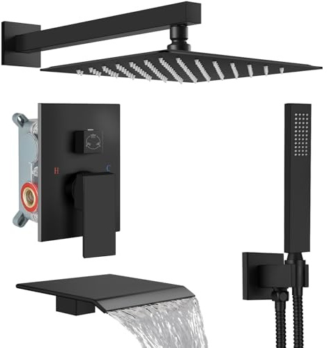 Midanya Shower System with Tub Spout,Bathtub Shower Faucet Set with Square Rainfall Head and Handheld Sprayer Wall Mount Tub Faucet Set with Valve and Trim Kit,10 Inch Matte Black