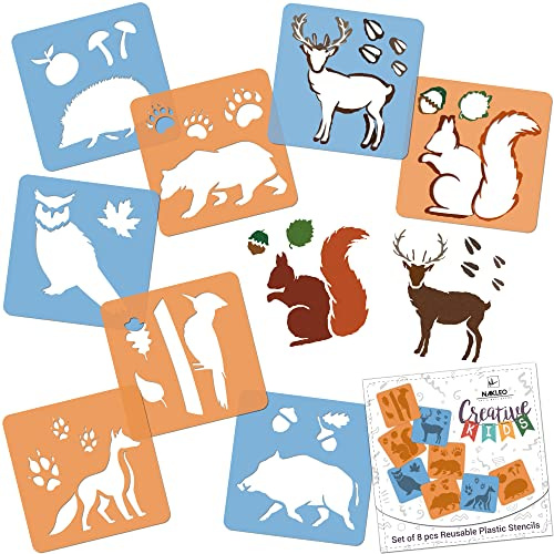 NAKLEO Schablonen Malen für Kinder, 8 Stück Set 15x15cm Waldtiere | Kreatives Zeichenschablonen, Kunststoff Wiederverwendbar Malschablone DIY Handwerk, Papier Wand Holz Stoff