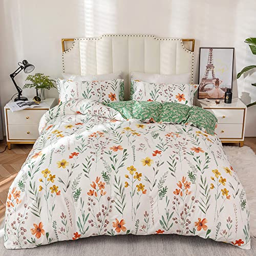 Bettwäsche 135x200 Baumwolle Blumen Weiß Grün Wende Bettwäsche Set Floral Bunt 2 teilig Bettbezug Einzelbett 135x200cm und 1 Kissenbezug 80x80 cm mit Reißverschluss Weich und Bügelfrei