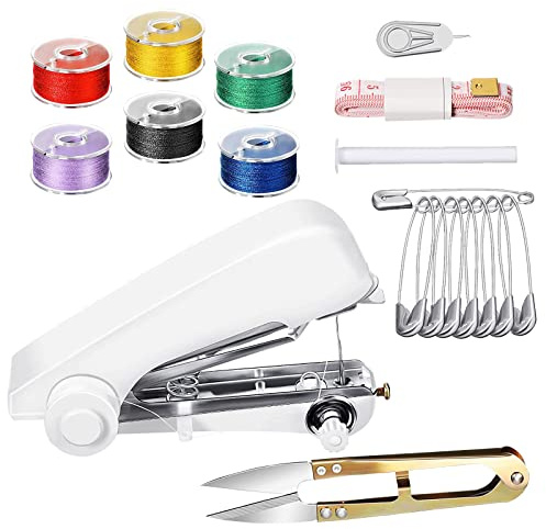12 Pcs Mini Machine à Coudre Portable Machine à Coudre Manuelle Dispositif de Couture Manuelle pour Débutants Facile à Utiliser Convient Outil de Bricolage Maison avec Fils Ciseaux Ruban - Blanc