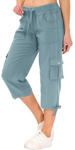 JINSHI Pantalons Femme Pantacourt Cargo d'été Pantalon 3/4 Décontracté Capri Pantalon de Randonnée avec Poches Gris-bleui Taille L