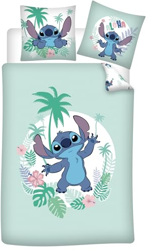 Stitch Hawaii Kinderbettwäsche 140x200 + Kissenbezug 65x65 100% Baumwolle | Wendebettwäsche Einzelbett | Naturbaumwolle atmungsaktiv | Disney Lilo & Stitch | Jugendliche | Maschinenwaschbar
