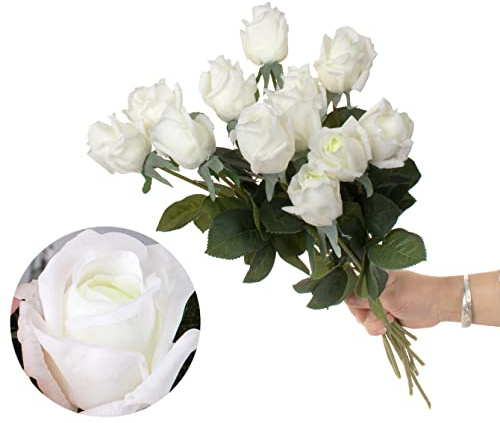 cn-Knight 12pcs halb geöffnete künstliche Rosenknospen, 44cm Seidenrosen mit teilweise geöffneten Blüten, künstliche Blume für Wohnkultur Hochzeitsstrauß,Weiß