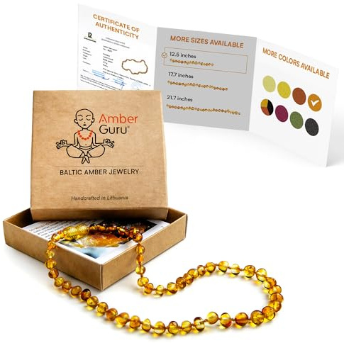 Amber Guru Baltic Amber Necklace (Authentic, Certified) - 12.5 inches - Unisex Jewelry - Polished Real Amber Beads - Proud to Deliver Genuine Baltic Sea Wonder Handmade (Honey)