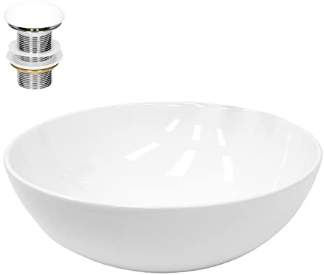 ECD Germany tvättställ, Ø 400 x 147 mm, vit, gjord av keramik, rund bänkskiva tvättställ inkl avloppsarmatur utan bräddavlopp, bänkskiva tvättställ tvättskål handfat