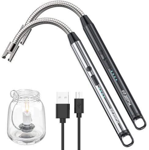 Accendino Candele, 2 Pacchi USB Ricaricabili Lungo Antivento Candele Accendini, Per Cucina Campeggio Barbecue Camino (nero e argento)