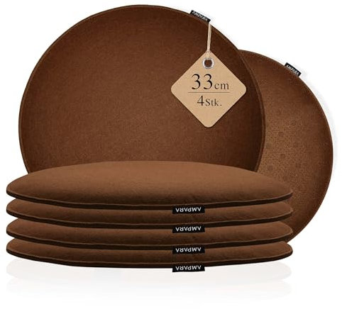 Ampara - 4er Set Stuhlkissen rund 33 cm - rutschfest & Gemütlich - Sitzkissen Filz rund | für Stuhl, Bank, Hocker etc. (Braun)