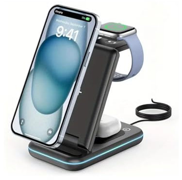Chargeur sans fil, 3 en 1, pliable, certifié Qi, station de charge compatible avec iPhone, Samsung, Android, chargeur, rapide, pour montre intelligente, écouteurs, téléphone portable, noir