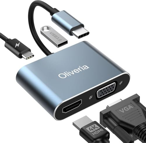 Oliveria Adattatore multiporta USB C 4 in 1 4 K@30 Hz – HDMI VGA Thunderbolt 3, PD 100 W porta di ricarica USB 3.0 per MacBook/MacBook Pro/Air, Chromebook, Dell, HDTV, Galaxy