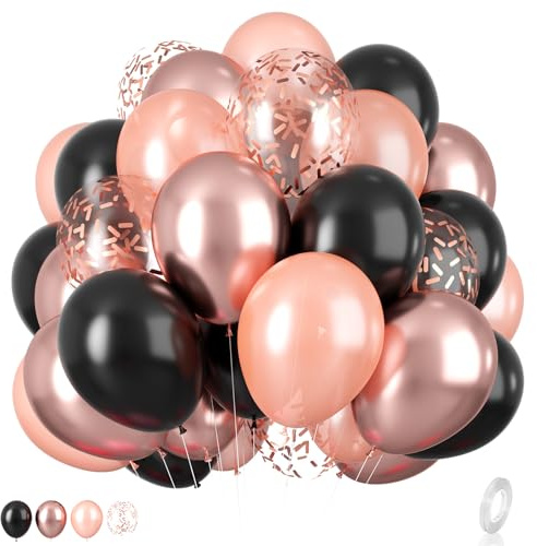 Rose Gold and Black Balloons Set, 12 inch Metallic Rose Gold Balloons Pearl Rose Gold Confetti Balloons Black Latex Balloons Party Balloons for Birthday Baby Shower Wedding Party Decorations