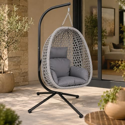 GOODS EMPORIUM Luxury Folding Hanging Rattan Egg Swing Chair Patio Garden Cocoon Relaxing Hammock with Cushions (Grey, Single)