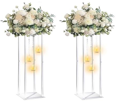 Transparente Acryl-Vasen, Blumenständer, Hochzeits-Mittelstücke mit hängendem Glas, Teelichthalter, Kerzenhalter für Veranstaltungen, Partys, Tischdekoration, Ausstellungsregal, Säule (10,2 cm, 61 cm)