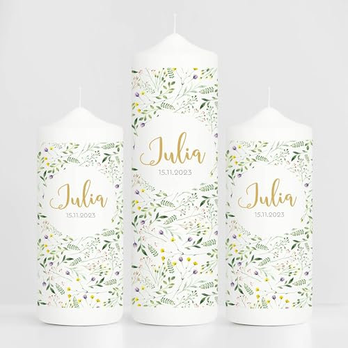 Weiße Taufkerze Kerze zur Taufe oder Geburt beidseitig bedruckt mit Wildblumen und Wildgräsern mit Name Datum und Taufspruch, 1 Taufk. + 2 Patenk.