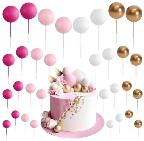Wolepaz 32 Pcs of Foam Ball Cake Top Decoration, Pink Gold Mini Balloon Cake Decoration, Suitable for Wedding Parties and Birthday Parties