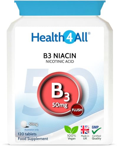 Health4All Vitamin B3 Niacin as Nicotinic Acid (Flush Effect) 50mg 120 Tablets 4 Months Supply, Vegan Niacin Flush Supplement, Cholesterol Support Supplement, Reduce Tiredness and Fatigue | Made in UK
