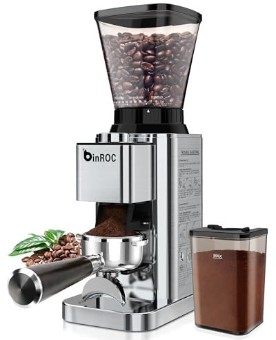Molinillo de café cónico eléctrico, molinillo de granos de café expreso para uso doméstico ajustable, 48 ajustes de molienda, temporizador de precisión de 35 segundos, acero inoxidable, antiestático