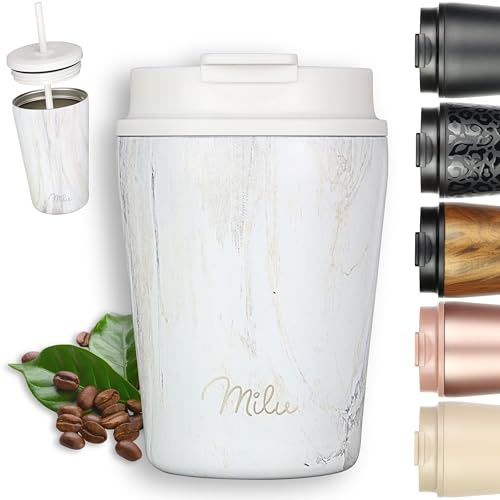 Milu Thermobecher 300ml - 100% Auslaufsicher - Edelstahl Kaffeebecher to go isoliert mit Strohhalm hält 10h heiß / 20h kalt, BPA-frei (Pink-Marble, 300ml)