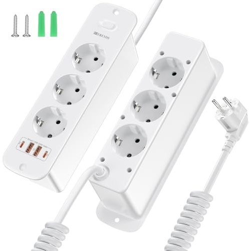 Tischplatte Versenkbare Steckdose mit USB-C, 6-Fach Einbausteckdose Steckdosenleiste mit 2m Spiralkabel, PD20W, 250V/16A, für Büro, Homeoffice und Küche - Weiß