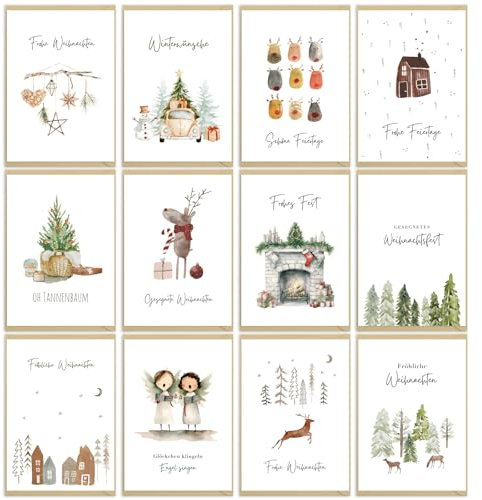 MEJOSER Weihnachtskarten mit Umschlag Set (12 Stück) A6 Karten Weihnachten Postkarten Set Grußkarten 12 Motiven Weihnachtspostkarten Weihnachtskarten Set Christmas Cards