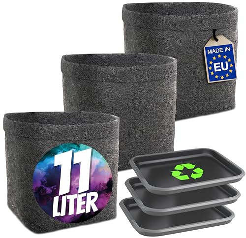 HOMEGROW24 Pflanztöpfe mit und ohne Untersetzern im Set, viereckige Filztöpfe je 11 L, Stofftöpfe für Anbau und Zucht von Pflanzen (3er Set mit 3 Untersetzern)