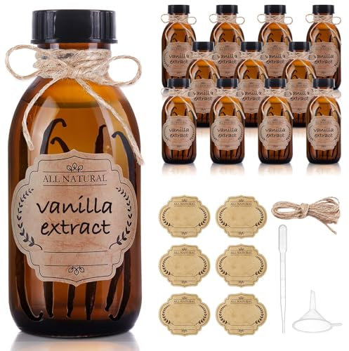 Elumeiro 12 Pack 4 oz Vanilla Extract Bottles, Amber Boston Glass Bottle with Cap Empty Brown Glass Bottles for Homemade Vanilla Extract, Essential Oils, Juice, Potion, Syrup, Liquids, Christmas Gift