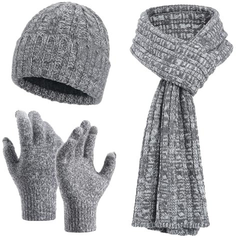 Surttan Schal Und Mütze Set Damen Kaschmir Hut Mit Bommel Winddicht Bommelmütze Dicker Strickhandschuhe Gefüttert Loop Schal Plüsch Flauschig Hüte Handschuhe Gestrickte Dreieckschal Winter Set