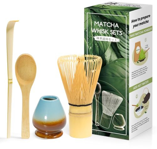 Fouet en bambou, cuillère, porte-gobelet et boîte Matcha – Lot de 4 pièces pour cérémonie japonaise – Bleu café dégradé