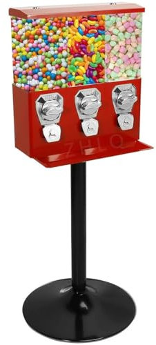ZJHESXV Triple Head Candy Vending Machine, Commercial Gumball Vending Machine, Candy Vending Machine, Triple Pod Standing Dispenser with Stand and Adjustable Candy Outlet Size,Red-0.4in*2+1to1.37in