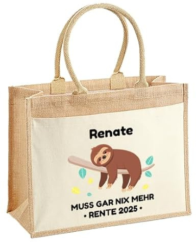LIEBTASTISCH - Nachhaltige Jutetasche - Personalisiert Rente 2026 - Muss gar nix - Faultier - Tasche - zum Renteneintritt - Geschenk verpackung - Pension - Mann - Frau - Lustig