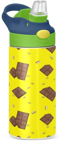 JUMBEAR Delicious Chocolate Bouteille d'eau isotherme pour enfants de 350 ml, bouteille d'eau de sport isotherme avec couvercle à paille, bouteille d'eau en acier inoxydable pour garçons et filles