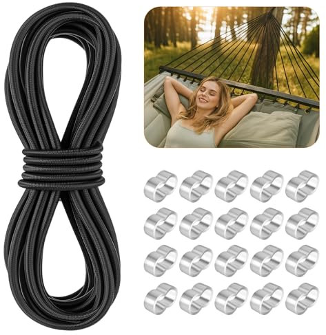 HGRGHH Corda Elastica in Gomma, 6mm x 10m Corda di Gomma con 20 Anelli di Crimpatura in Alluminio M9, per Telone del Rimorchio, Bagagli, Campeggio, Vela Corda per Telone