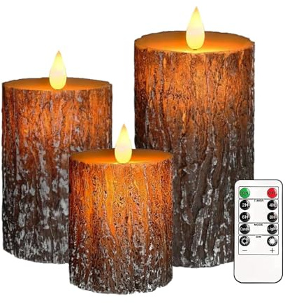 Justup 3 Stück Weihnachten Flammenlose LED-Kerzen mit Fernbedienung, Timer | Weihnachten Rinde Flackernde Kerzen, Dimmbare Säulen Kerzenlicht Batteriebetrieben, LED Elektrische Kerzen für Winter Dekor