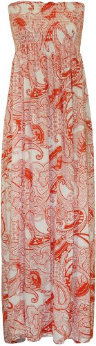 GOSTYLES® Womens Printed Bandeau Strapless Sheering Long Maxi Dress, Ladies Summer Holiday Beach Dresses Casual Boho Style Sundress (Orange, 16-18)