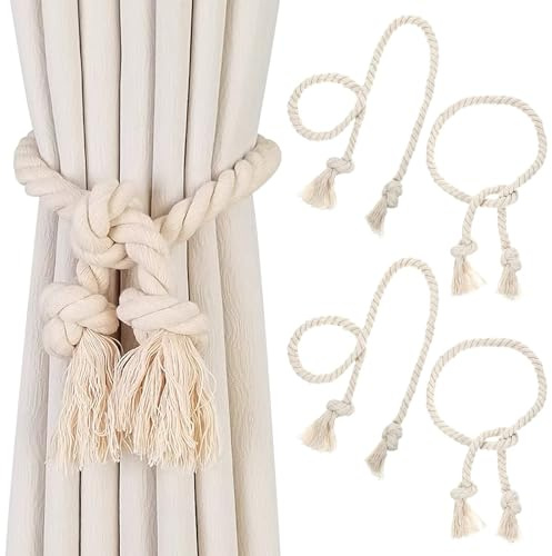 Noaxylic 4 Stück Vorhanghalter Vorhang-Raffhalter Baumwolle, Vorhang Raffhalter, Gardinenhalter, 80 cm Vorhangbinder, Gardinen Raffhalter für Haus, Schlafzimmer, Wohnzimmer, Office, Beige