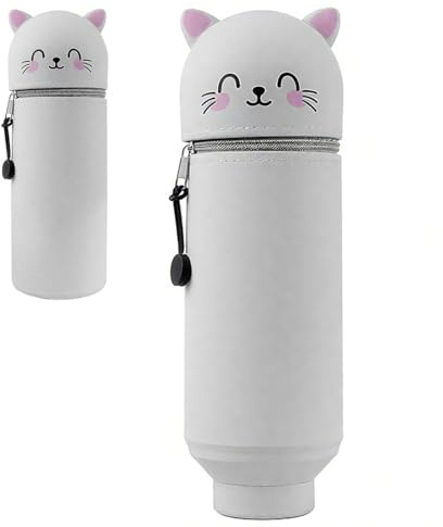 DWFEYOI Kawaii Silikon Federmäppchen,mäppchen katze,2 in 1 Schulmäppchen, Tier-Bleistifthalter, geeignet für Jungen und Mädchen, Büro-Mäppchen (Graue Katze)